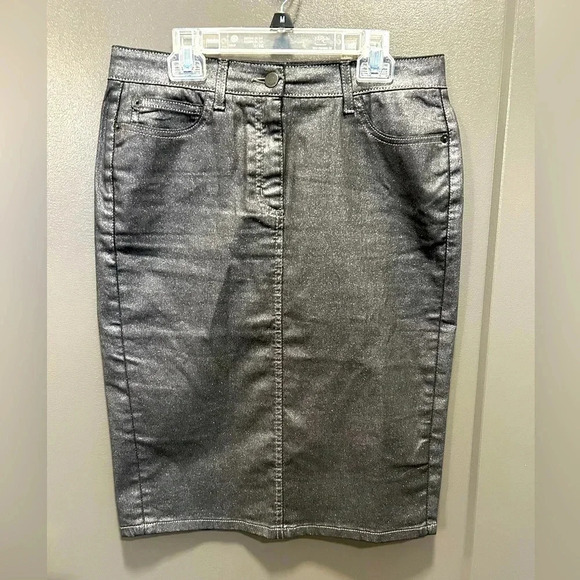 BODEN METALLIC SPARKLING GREY DENIM LOOK PENCIL SKIRT 3 POCKET BACK SLIT SIZE 6R - Picture 1 of 9